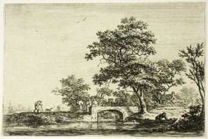 Vier mannen op een stenen brug door Anthonie Waterloo