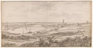 Gezicht op Rhenen vanuit het oosten door Anthonie Waterloo