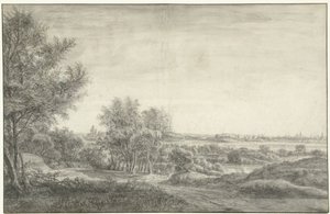 Gezicht vanuit de duinen op Haarlem met ruïne van het Huis te Kleef door Anthonie Waterloo