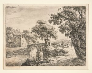 Kudde Bij een Stenen Brug door Anthonie Waterloo