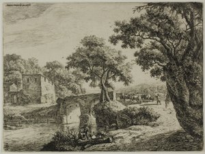 Kudde bij een stenen brug door Anthonie Waterloo