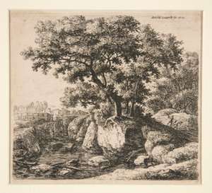 Landschap met Man die een Ezel Aanstuurt door Anthonie Waterloo