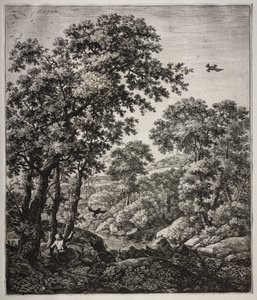 Zes grote staande landschappen met scènes uit het Oude Testament: Elia gevoed door de raven door Anthonie Waterloo