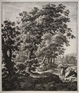 Zes grote staande landschappen met scènes uit het Oude Testament: Hagar getroost door de Engel door Anthonie Waterloo