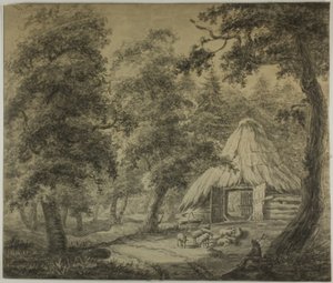 Strohut in het bos met herder en schapen