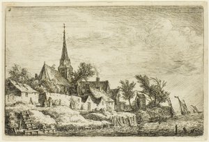 De kerktoren in het dorp aan zee door Anthonie Waterloo