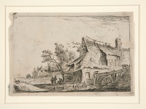 Dorp met een watermolen, uit een set van 12 landschapsetsen door Anthonie Waterloo