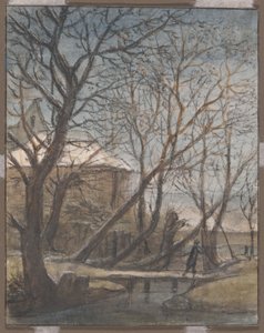 Winterlandschap met een overstekende man door Anthonie Waterloo
