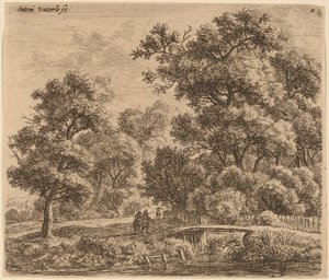 Boslandschap met een brug door Anthonie Waterloo