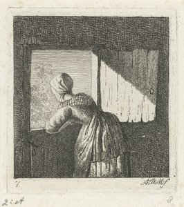 Vrouw leunend op een onderdeur door Anthonie Willem Hendrik Nolthenius de Man