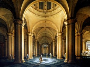 Nachtelijke kerkinterieur met elegante figuren