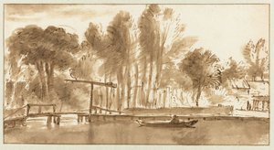Bebost rivierlandschap met ophaalbrug door Anthonie van Borssom (attributed to)