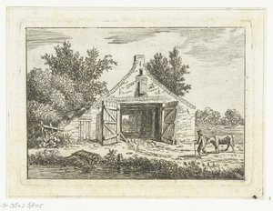 Man met koe voor een schuur buiten Hattem door Anthonie van den Bos