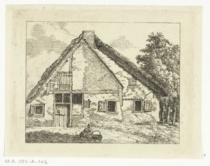 Vrouw met mand zittend voor een huis door Anthonie van den Bos