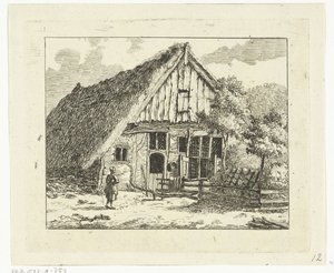 Vrouw staande voor een huis te Staphorst door Anthonie van den Bos