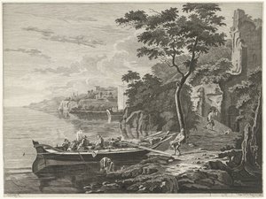 Figuren bij een schuit in een berglandschap door Anthonij van der Haer
