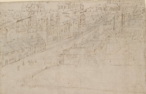 Panorama van Londen gezien vanaf Southwark: Borough High Street met St Mary Overy, 1554