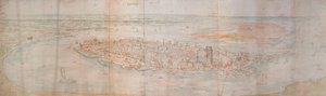 Panoramisch uitzicht op Dordrecht vanaf een verhoogd punt in het westen door Anthonis van den Wyngaerde