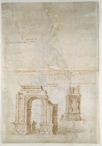 Recto: Panoramisch uitzicht op Tarragona vanuit het zuiden (zeewaarts) Verso: Schetsen van Romeinse ruïnes in Tarragona en van een fort