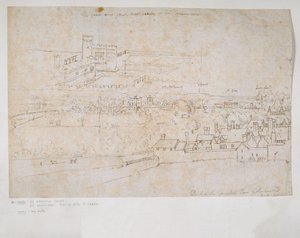 Blad met studies van de paleizen van Hampton Court en Richmond en omliggende platteland