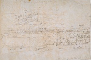 Blad met studies van de paleizen van Hampton Court, Richmond en omliggende platteland, ca. 1560s