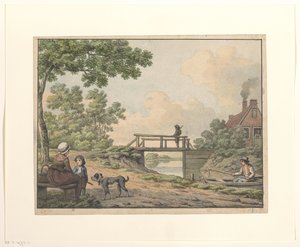 Landschap met figuren en een bruggetje bij een boerenwoning