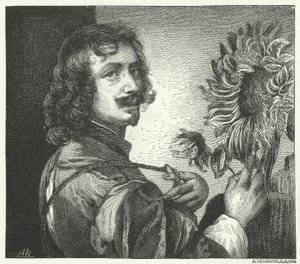 Zelfportret van de Vlaamse barokkunstenaar Anthony Van Dyck (gravure) door Anthony van (after) Dyck