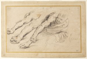 Figuur van een man die voorover buigt met de rechterarm uitgestrekt; drie studies van de rechterarm, en een van de linkerhand voor dezelfde figuur