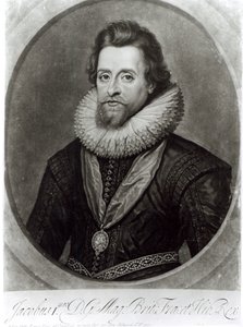 Portret van James I (1566-1625) naar een miniatuur van Nicholas Hilliard (1547-1619) uit 1617, gegraveerd door George Vertue (1684-1756) door Anthony van Dyck