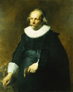 Portret van een Heer, Driekwart Lengte, in een Zwart Kostuum met Witte Kraag en Manchetten, bij een Tafel met een Horloge