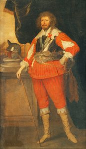 Portret van een Edelman, Verondersteld Henry Rich, 1e Graaf van Holland, Volledig, Dragend een Borstplaat, Sjerp en Zwaard, Zijn Hand Rustend op een Stok, een Helm op een Plint, Staand voor een Gedrapeerde Colonnade door Anthony van Dyck