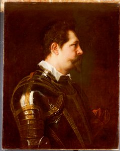 Portret van een generaal, buste lengte, in damasceense wapenrusting met witte kraag en rode sjerp