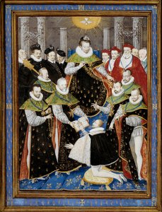 Koning Hendrik III (1551-1589) die de eerste ceremonie van de Orde van de Heilige Geest (Orde van de Heilige Geest) voorzit in 1587 Miniatuur door William Richardiere (16e eeuw) na Antoine Caron (1521-1599) 1587 Chantilly, Musee Conde - Koning Hendrik III 