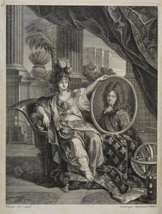 Lodewijk XIV, koning van Frankrijk, beschermer van de wetenschappen - gravure door Antoine Coypel Geschiedenis van de Koninklijke Academie van Wetenschappen, jaar 1703 door Antoine (after) Coypel