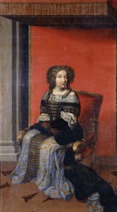 Portret van koningin Maria Theresa, zittend in een met juwelen bezette zwarte lijfje met kanten kraag en een blauwe en gouden rok, op een troon door Antoine (after) Dieu