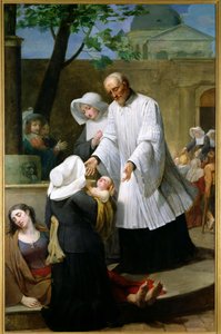 Sint Vincentius de Paul helpt de pestlijders door Antoine Ansiaux