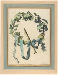 Tekening, Trofee met fluit, klimop en blauw lint, 1780-90 door Antoine Berjon