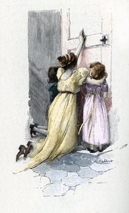 Josephine de Beauharnais huilt met haar kinderen Hortense en Eugene bij de deur van de kamer van Napoleon Bonaparte (1769-1821)