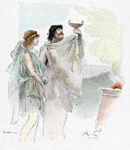 Odyssee van Homerus: Pisistratus, zoon van Nestor, biedt Telemachus een beker wijn aan in Pylos Illustratie door Antoine Calbet voor 