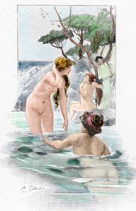Odyssee van Homerus: Nausicaa, dochter van koning Alcinous, en haar dienstmaagden wassen hun kleren in de rivier. Illustratie door Antoine Calbet (1860-1944) voor de Odyssee van de Griekse dichter Homerus, 1897, privécollectie