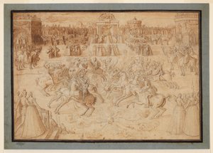 Een ruiterspel met ridders die tussen vuurwerk aan het steekspel zijn, 1575-ca. 1580 door Antoine Caron