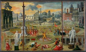 De slachting van het driemanschap. Toespeling op de ... door Antoine Caron