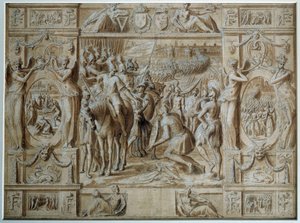 De Onderwerping van Milaan De troepen van Francois I namen de stad Milaan in na de overwinning in de Slag bij Marignan in 1515. Tekening in pen en wassing door Antoine Caron (1521-1599) 16e eeuw Parijs, Louvre Museum