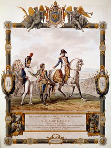 Frontispice van het verslag van de Slag bij Marengo op 14 juni 1800: Maarschalk Berthier toont de strijdstrategie aan Napoleon I