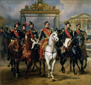 Koning Louis-Philippe (1773-1850) van Frankrijk en zijn zonen verlaten het kasteel van Versailles te paard, 1846 door Antoine Charles Horace Vernet