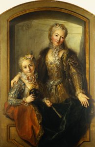 Portret van Madame Dupille en Haar Dochter, Halflang, Gekleed in Baljurken in een Venster, 1733 door Antoine Coypel