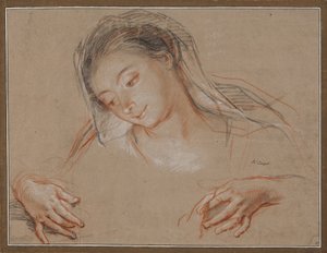 Studie voor een Madonna. Hoofd en twee handen door Antoine Coypel