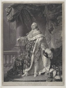 Le Sacre - Portret van Koning Lodewijk XVI in kroningsregalia (gegraveerd door Charles-Clément Bervic) door Antoine Francois (after) Callet