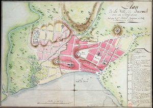 Plan van de stad Jacmel met vestingwerken door Antoine François Sorrel des Rivieres