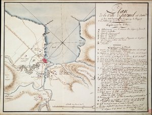 Omgeving van Jacmel, gebruikt om lijnen en posities aan te geven tijdens de blokkade en de batterijen die zijn opgericht om de belegerde verdedigingswerken te bouwen. door Antoine François Sorrel des Rivieres
